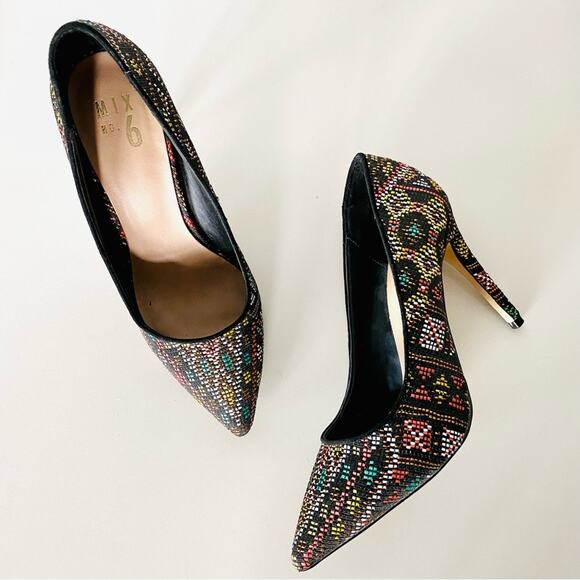 MIX NO 6 Black Multi Geometric Print Embroidered Woven Stiletto Heels Shoes 9 - Picture 1 of 9